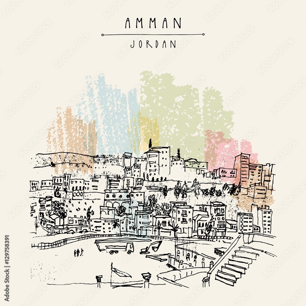 Capital city of Amman, Jordan, Middle East. Historical place, ancient Roman amphitheater. Vintage artistic hand drawn postcard, poster template or book illustration