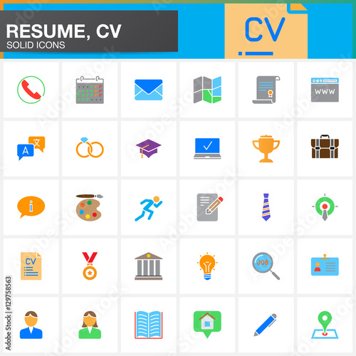 Vector icons set for Resume or CV. Modern solid symbol collection, filled colorful pictogram pack isolated on white, logo illustration
