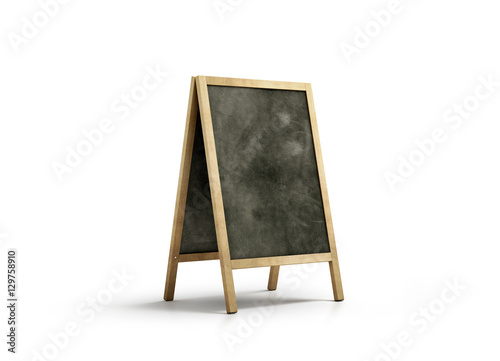 Fototapeta Naklejka Na Ścianę i Meble -  Blank chalk board street stand mockup, isolated, 3d rendering. Clear outdoor signage with blackboard mock up. A-board with wooden frame template. Cafe or restaurant welcome easel. Pavement menu rack