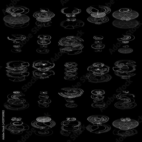 Set of abstract hud elements isolated on black background. High tech, virtual graphic touch element. UI infographic web symbols. Science and technology concept. Futuristic vector.