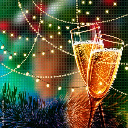 Happy New Year Card with glasses of champagne. Holiday golden background and glasses of champagne.