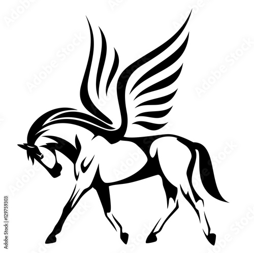 Fotografiet pegasus illustration - winged horse side view black and white vector design