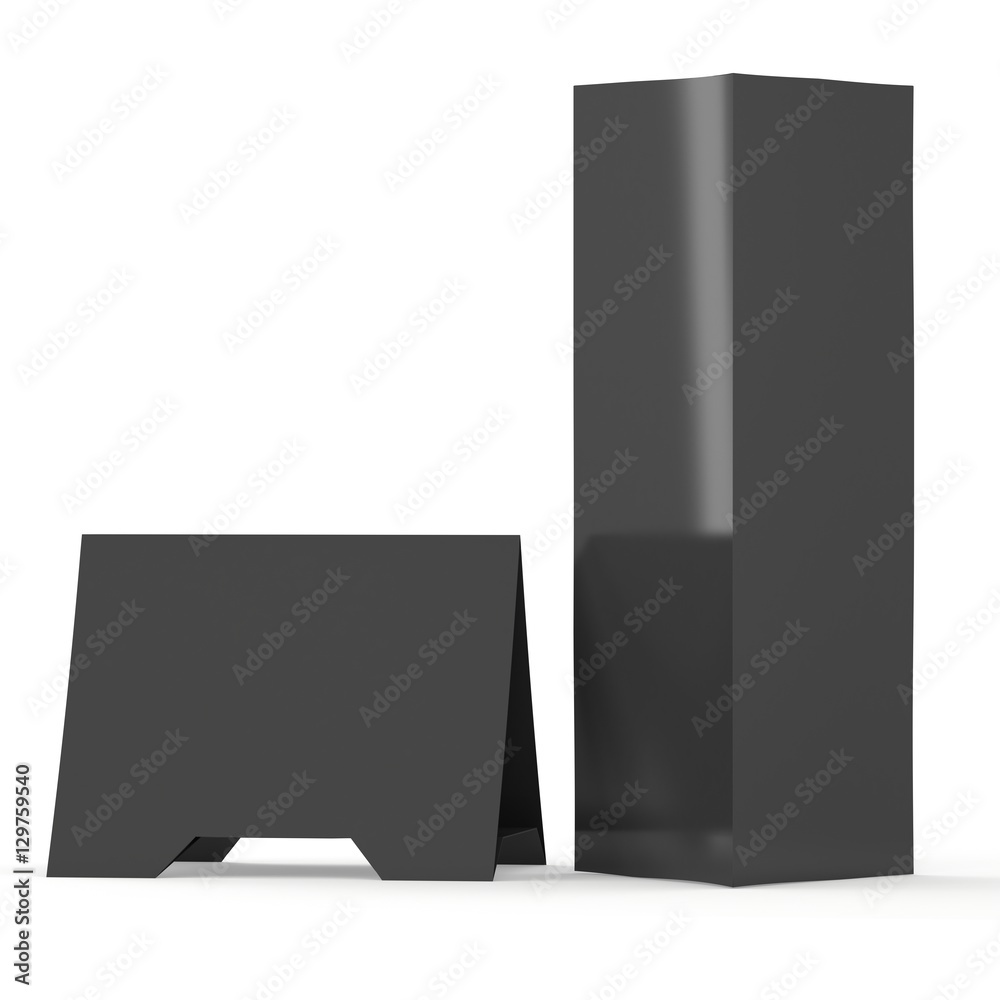 Black paper triangle tent cards. 3d render illustration isolated. Table cards mock up on white background. Black paper triangle tent cards. 3d render illustration isolated. Table cards mock up on white background.