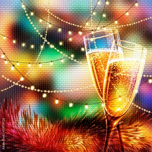 Happy New Year Card with glasses of champagne. Holiday golden background and glasses of champagne.