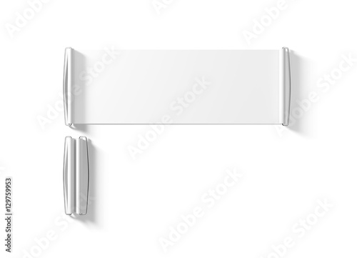 Blank white hand held banner mockup, isolated, 3d rendernig. Clear closed and opened retractable roll up mock up. Plain promotional retractable scroll. Rolling sign for sport club branding photo