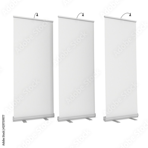 Blank Roll Up Banner Stands with different angles. Trade show booth white and blank. 3d render isolated on white background. High Resolution Template for your design.