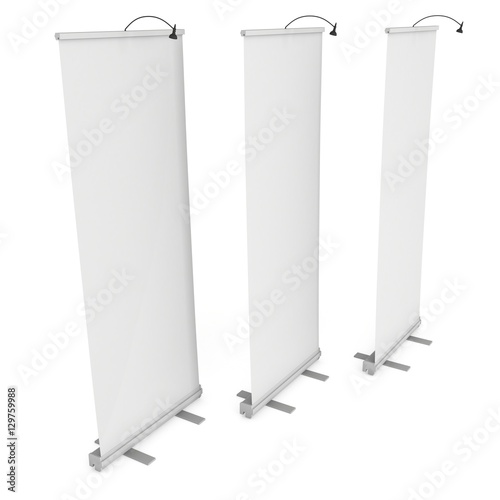 Blank Roll Up Banner Stands with different angles. Trade show booth white and blank. 3d render isolated on white background. High Resolution Template for your design.
