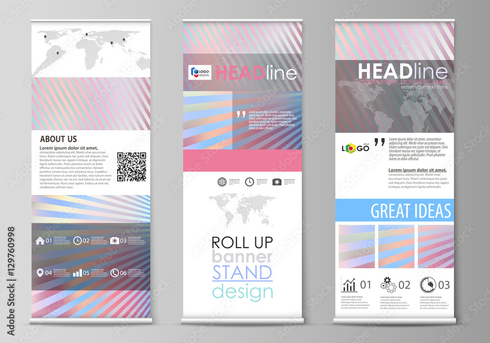 Roll up banner stands, abstract geometric style templates, corporate vertical vector flyers, flag layouts. Sweet pink and blue decoration, pretty romantic design, cute candy background.