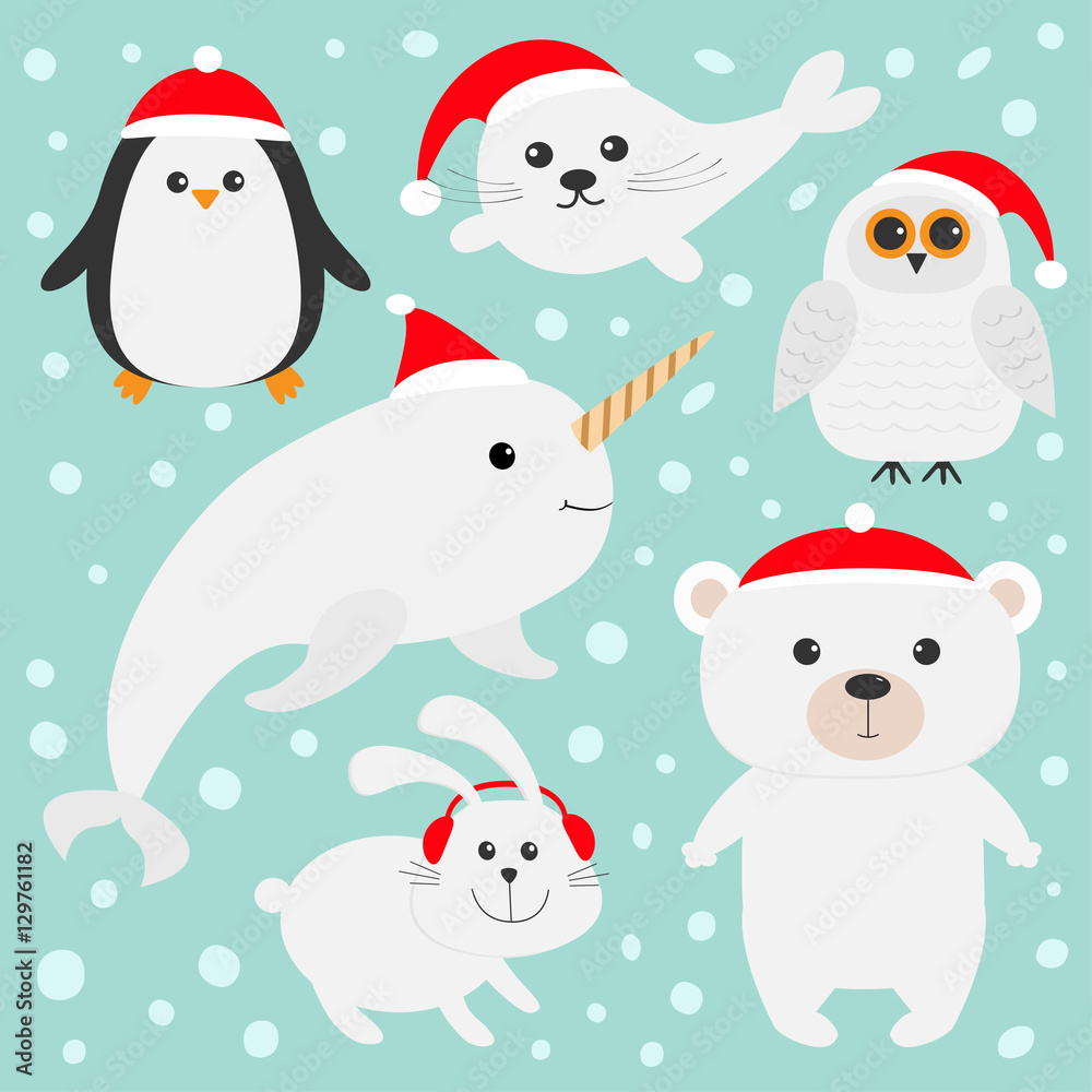 Arctic polar animal set in red Santa hat. White bear, owl, penguin, Seal pup baby harp hare rabbit narwhal unicorn-fish. Kids Christmas cards. Blue background. Snow flake Flat design
