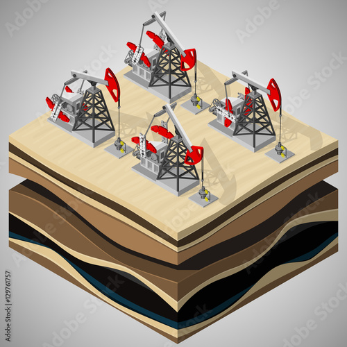 Vector isometric illustration of a four oil pumpjacks on oil field development. Equipment for oil and gas industry.