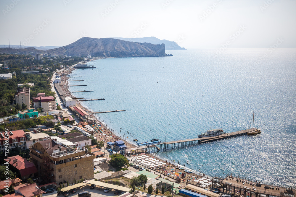 View of black sea and beach from the Genoa fortress in Sudak Crimea