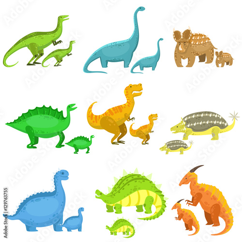 Fototapeta Naklejka Na Ścianę i Meble -  Different Dinosaurs In Pairs Of Big And Small