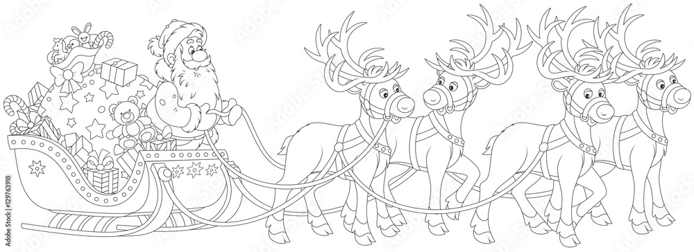 The night before Christmas, Santa Claus with a big bag of Christmas presents in his sleigh with reindeers beginning the magic journey round the world The night before Christmas, Santa Claus with a big bag of Christmas presents in his sleigh with reindeers beginning the magic journey round the world