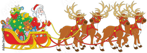 The night before Christmas, Santa Claus with a big bag of Christmas presents in his sleigh with reindeers beginning the magic journey round the world