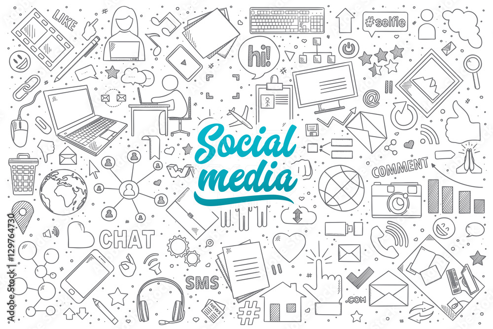 Hand drawn set of social media doodles with blue lettering in vector