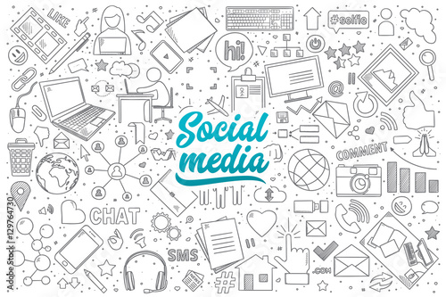 Hand drawn set of social media doodles with blue lettering in vector