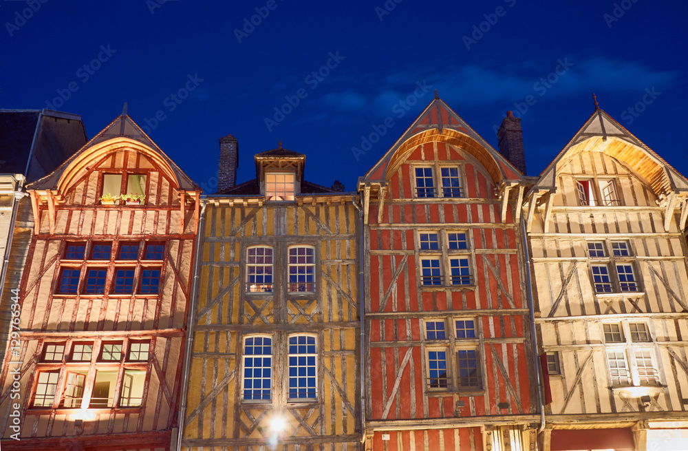 tenement houses in old town of Troyes  at night, France.