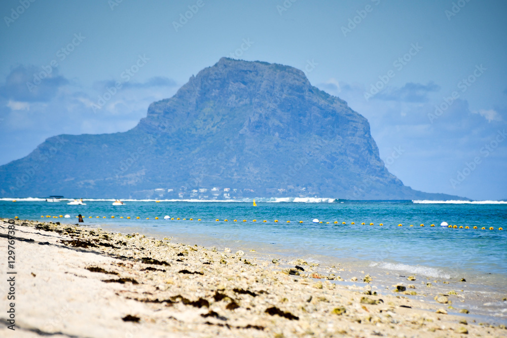 Flic en Flac beach with Le Morne Brabant mountain in the distance, Mauritius Flic en Flac beach with Le Morne Brabant mountain in the distance, Mauritius