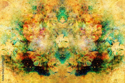 abstract multicolor flower motive collage in space. Old effect.