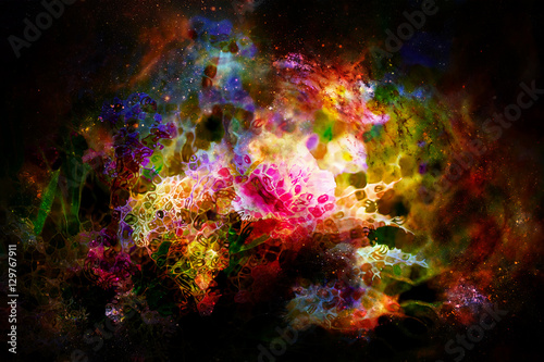 abstract multicolor flower motive collage in space.