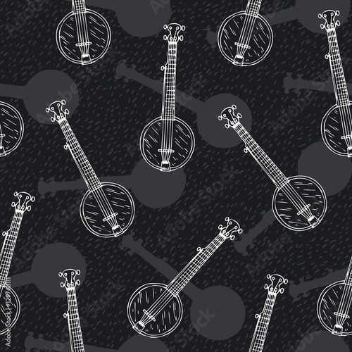 Black and White Seamless Pattern with Banjos