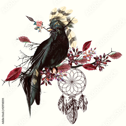 Beautiful bird holding arrow and dreamcatcher