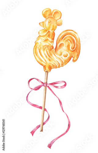 Russian rooster, cockerel shaped lollipop on stick with pink bow, watercolor painting, illustrations isolated on white background. Lollipop in form of rooster, cockerel, chicken, watercolor painting