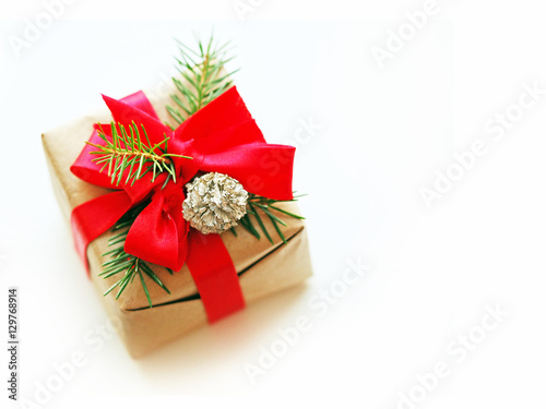 Christmas gift on the white background, isolate. Congratulations to the new year.