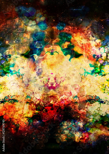 Cosmic space and stars, color cosmic abstract background. Fire and crackle effect.