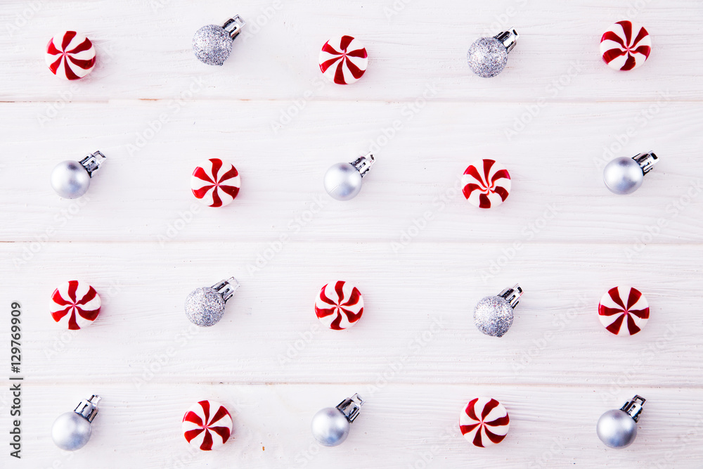 Christmas composition. Candy, christmas decoration. Flat lay, to