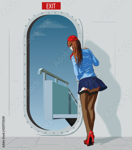 slender young stewardess in a very short skirt at the door meets the ramp