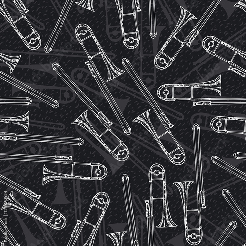 Black and White Seamless Pattern With Trombones