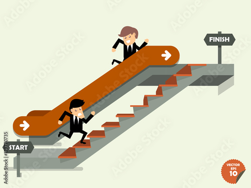 business man going up to the success way,comparison between business man who going up to escalator to target and another man who is climbing the stairs,success way concept
