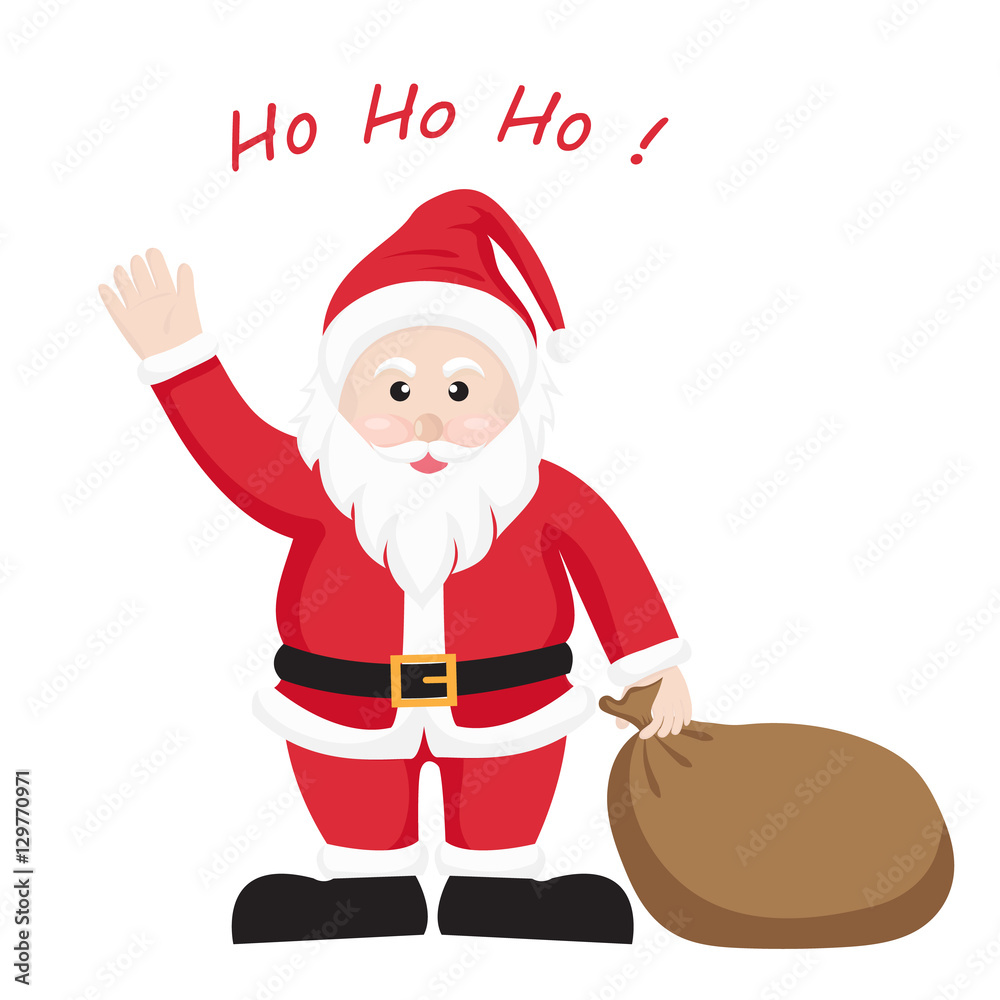 Christmas Cartoon Clip Art - Santa Claus with brown gift bag, Old man with  red outfit and white beard mustache isolate on white background with "Ho Ho  Ho" talk bubble Illustration Stock