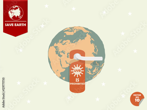 The earth with door handle and hanging room tag with text shown ultraviolet B or UVB is prohibited
