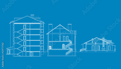 Cross-sections houses. Vector blueprint. Best interesting architectural background.