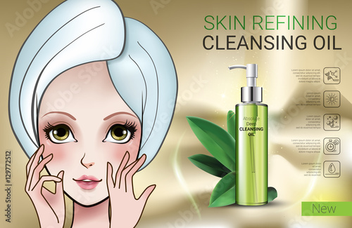 Vector Illustration with Manga style girl and skin cleansing oil
