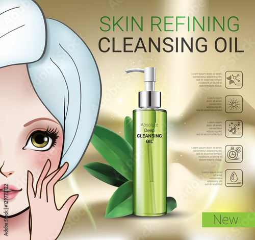 Vector Illustration with Manga style girl and skin cleansing oil