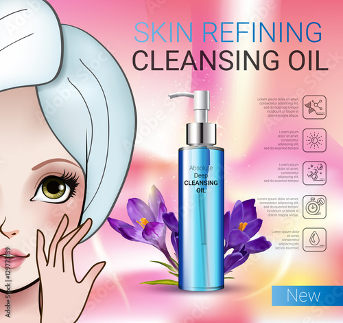 Vector Illustration with Manga style girl and skin cleansing oil