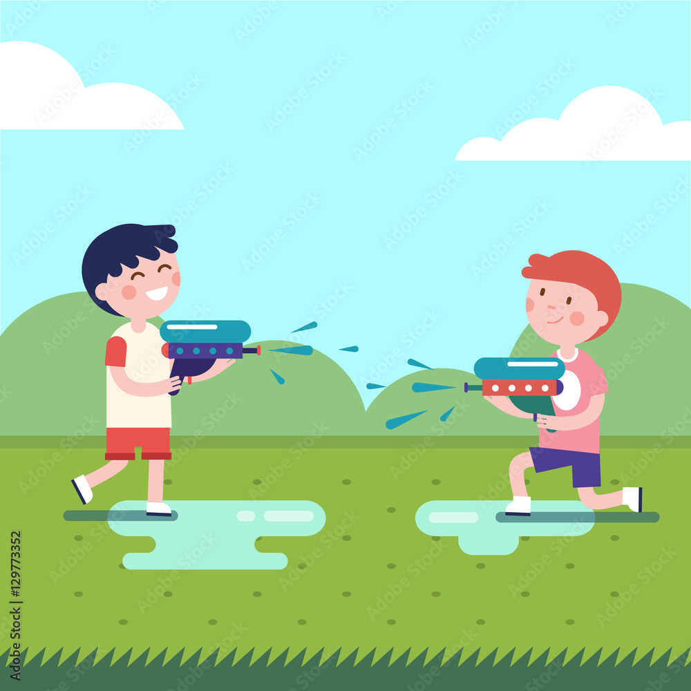 Two boys playing water guns wars Stock Vector Adobe Stock