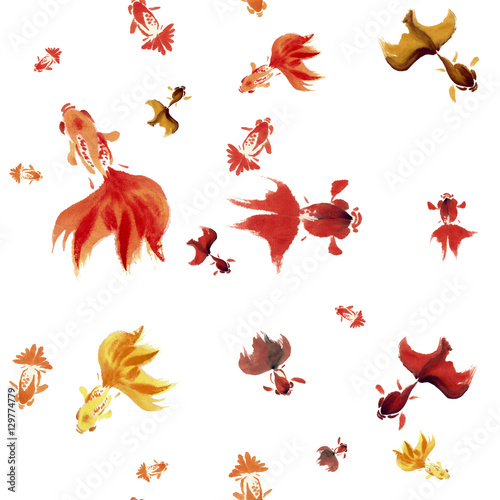 Goldfish, watercolor. Seamless pattern. Use printed materials, signs, items, websites, maps, posters, postcards, packaging. © gvinevera88