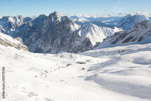 Slope on the skiing resort Zugspitze. Germany. Austria.