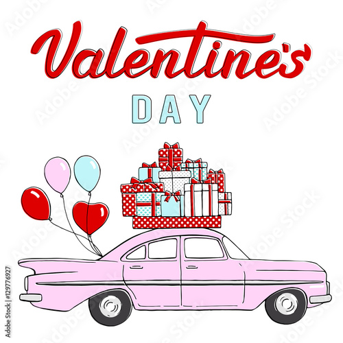 Valentines day card. Retro car with gifts. Hand drawn illustration.
