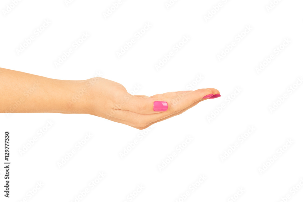 Mano de mujer con un gesto de sostener algo invisible sobre un fondo blanco liso y aislado. Vista de frente. Copy space Mano de mujer con un gesto de sostener algo invisible sobre un fondo blanco liso y aislado. Vista de frente. Copy space
