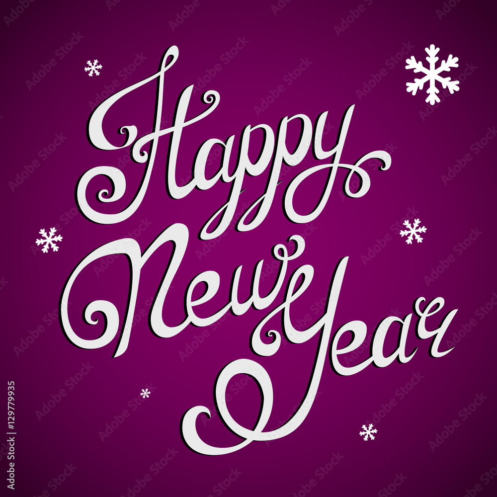 Happy New Year lettering, handmade calligraphy. Holiday vector Illustration. White letters on purple background with snowflakes