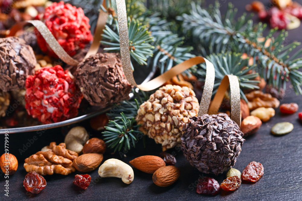 Homemade candy with chocolate , nuts and dried strawberry Homemade candy with chocolate , nuts and dried strawberry