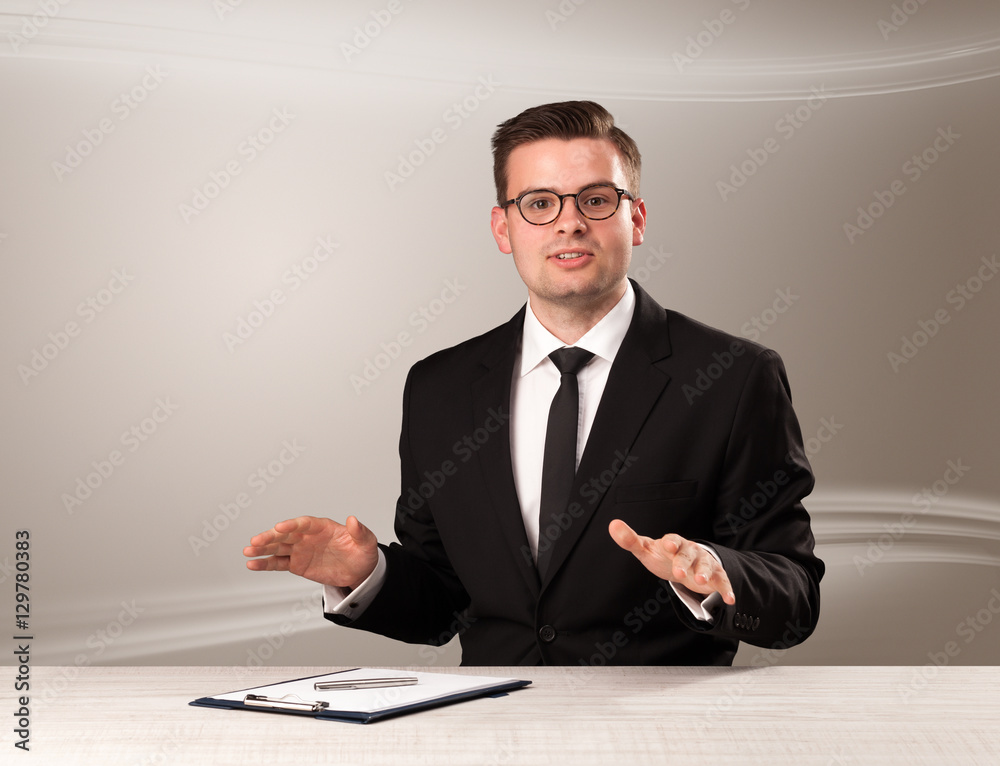 Televison host in live show with blank background Televison host in live show with blank background