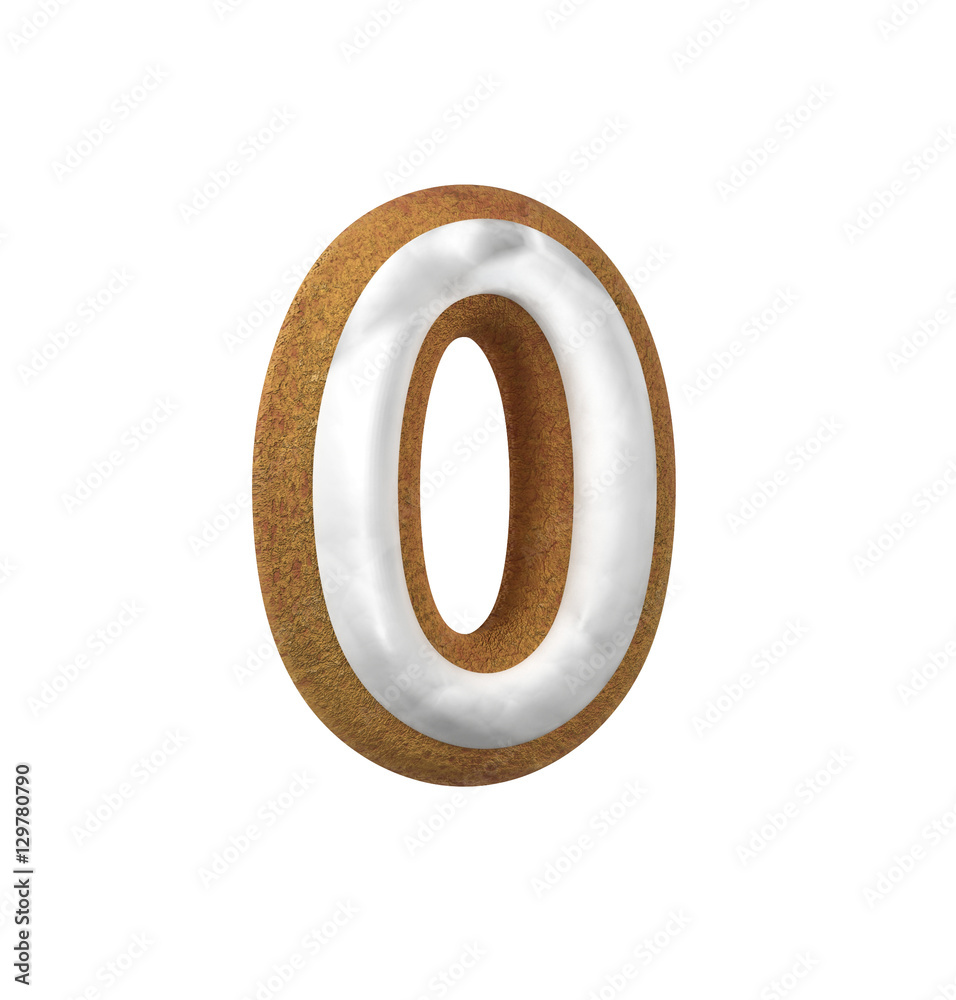 Number 0, Zero. Gingerbread font. Christmas cookie alphabet concept. 3d rendering isolated on White Background Number 0, Zero. Gingerbread font. Christmas cookie alphabet concept. 3d rendering isolated on White Background