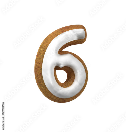 Number 6, Six. Gingerbread font. Christmas cookie alphabet concept. 3d rendering isolated on White Background