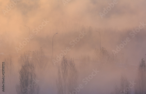 Smog, fog and pollution in Lyon during a winter sunrise.